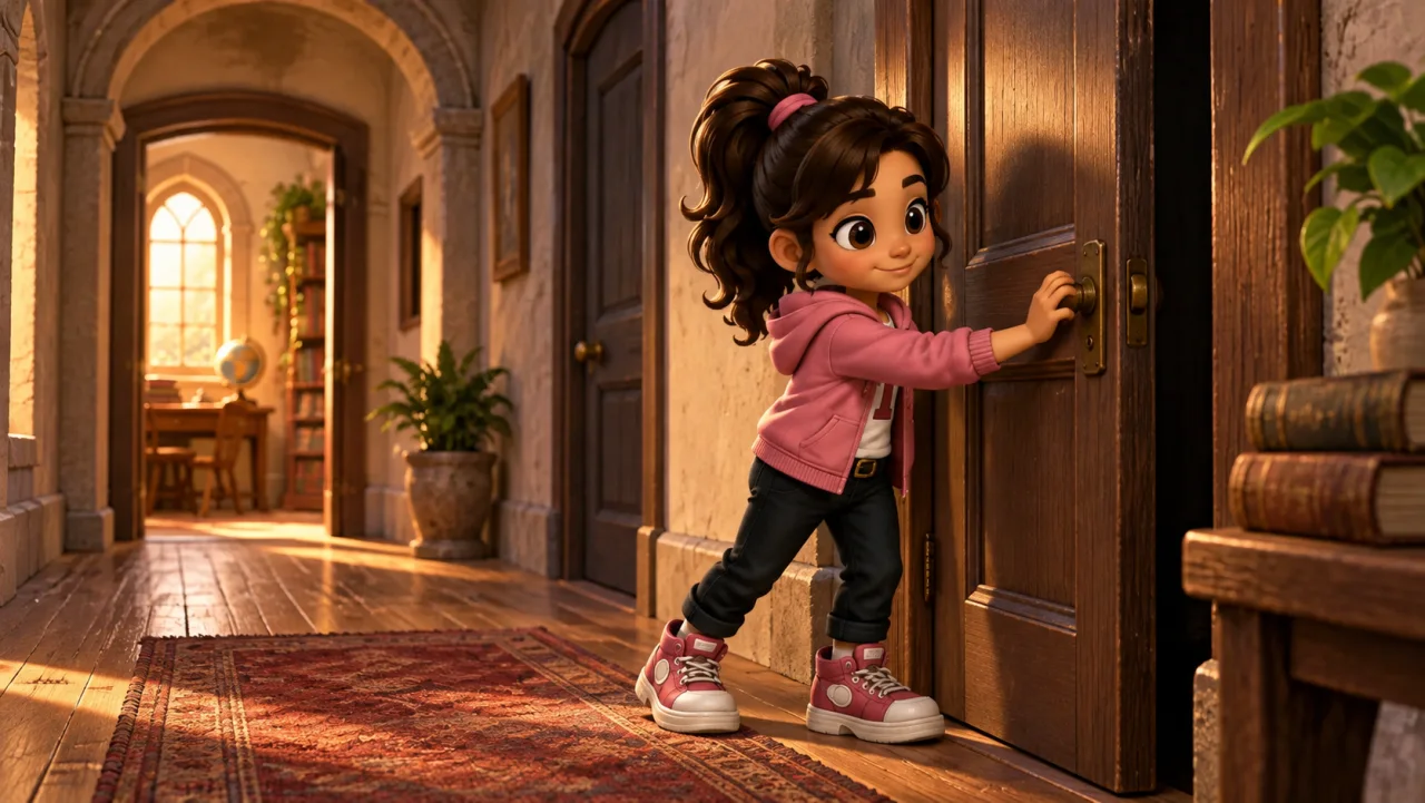 tya tests the handle of a door at the start of a quiet hall.