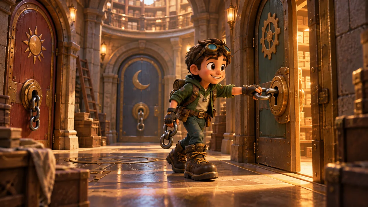 link tests one of three archive doors with a ring of keys while the others stay closed.