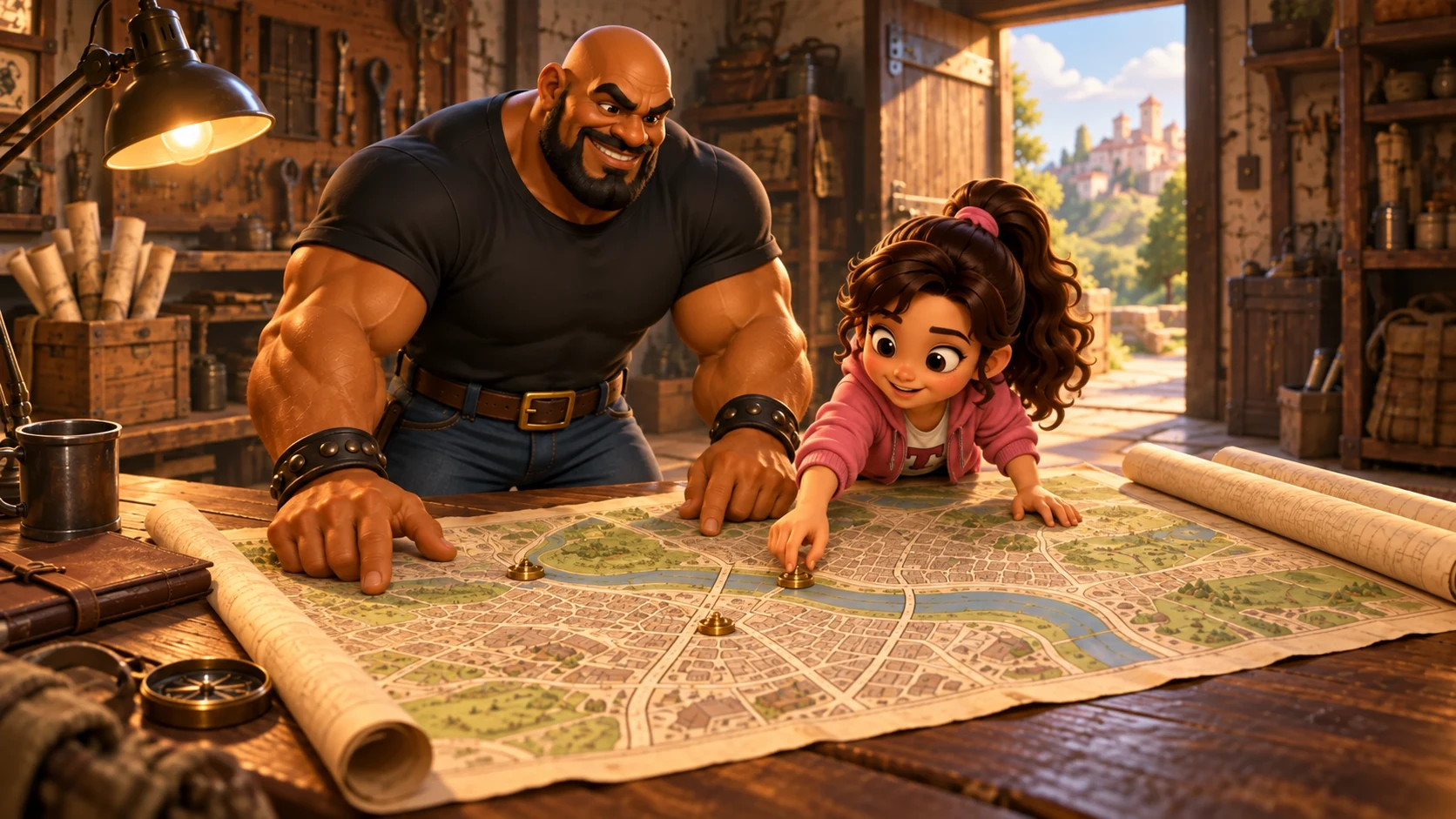 Turn-map workshop: Tya moves a route marker onto a cross street while Bruno holds the whole map open.