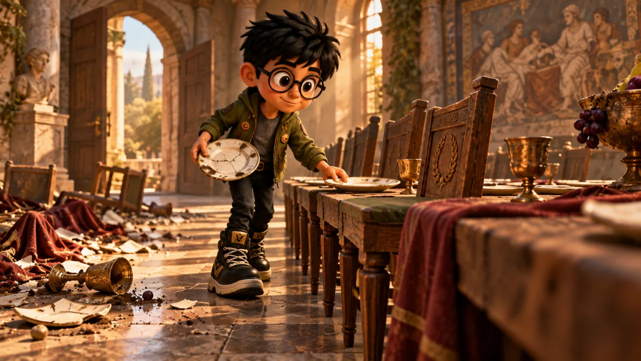 leo walks past the chairs of a ruined banquet and retrieves each place in order.