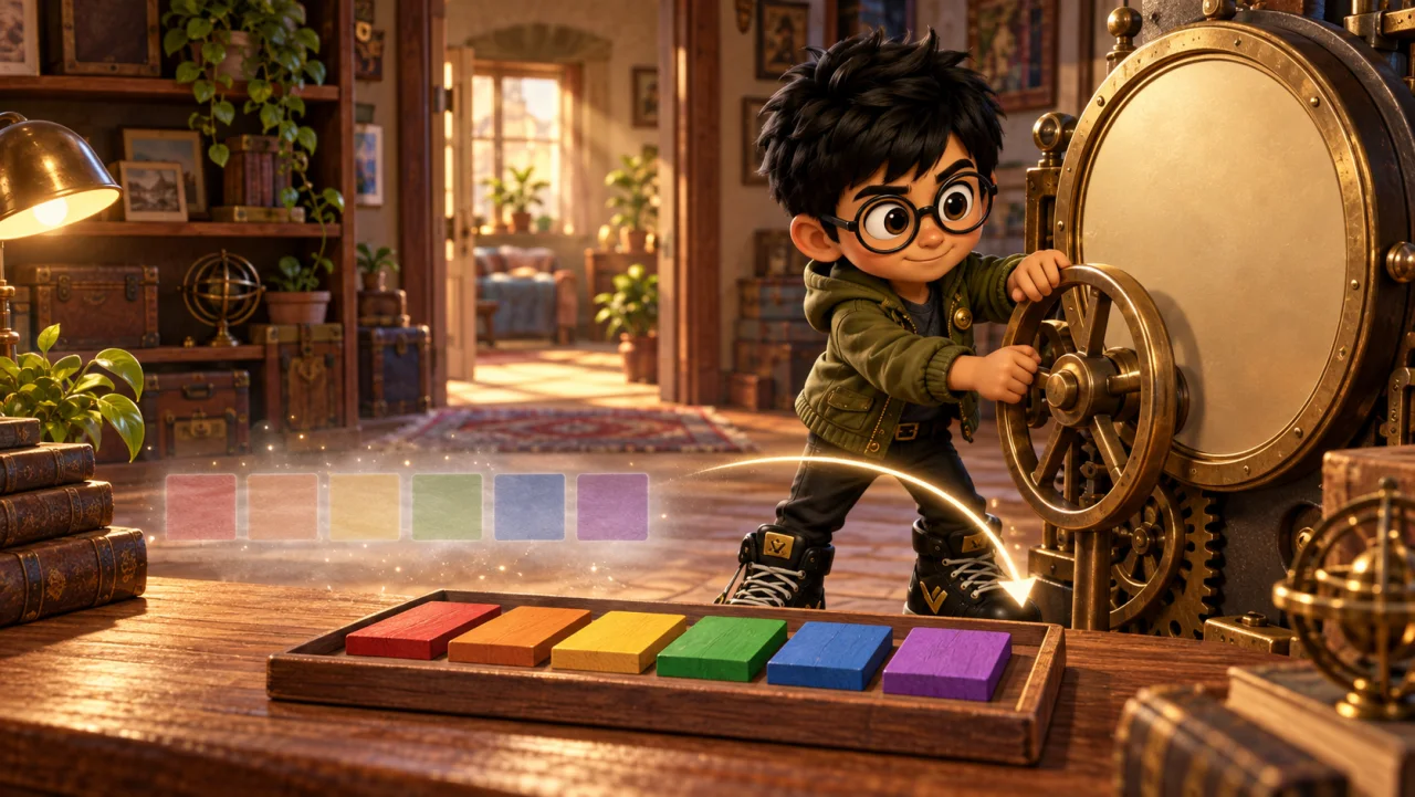 leo turns a clock while faded blank tiles settle back into their original places faster on a second pass.