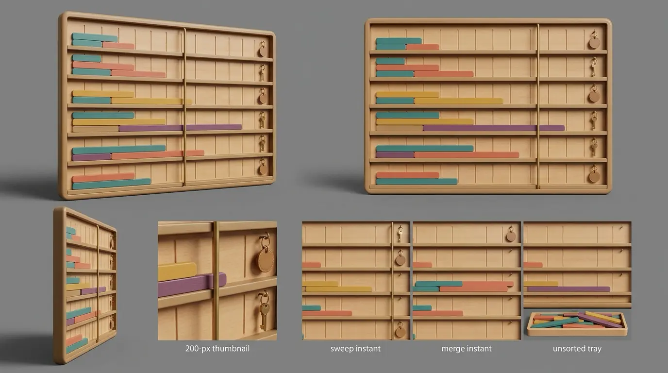 A varnished wooden wall board divided into six horizontal room rows, each holding coloured bars of different lengths that start and end at different grooves; a single upright brass rod stands at one position crossing all six rows at once, with numbered key hooks along the bottom edge.