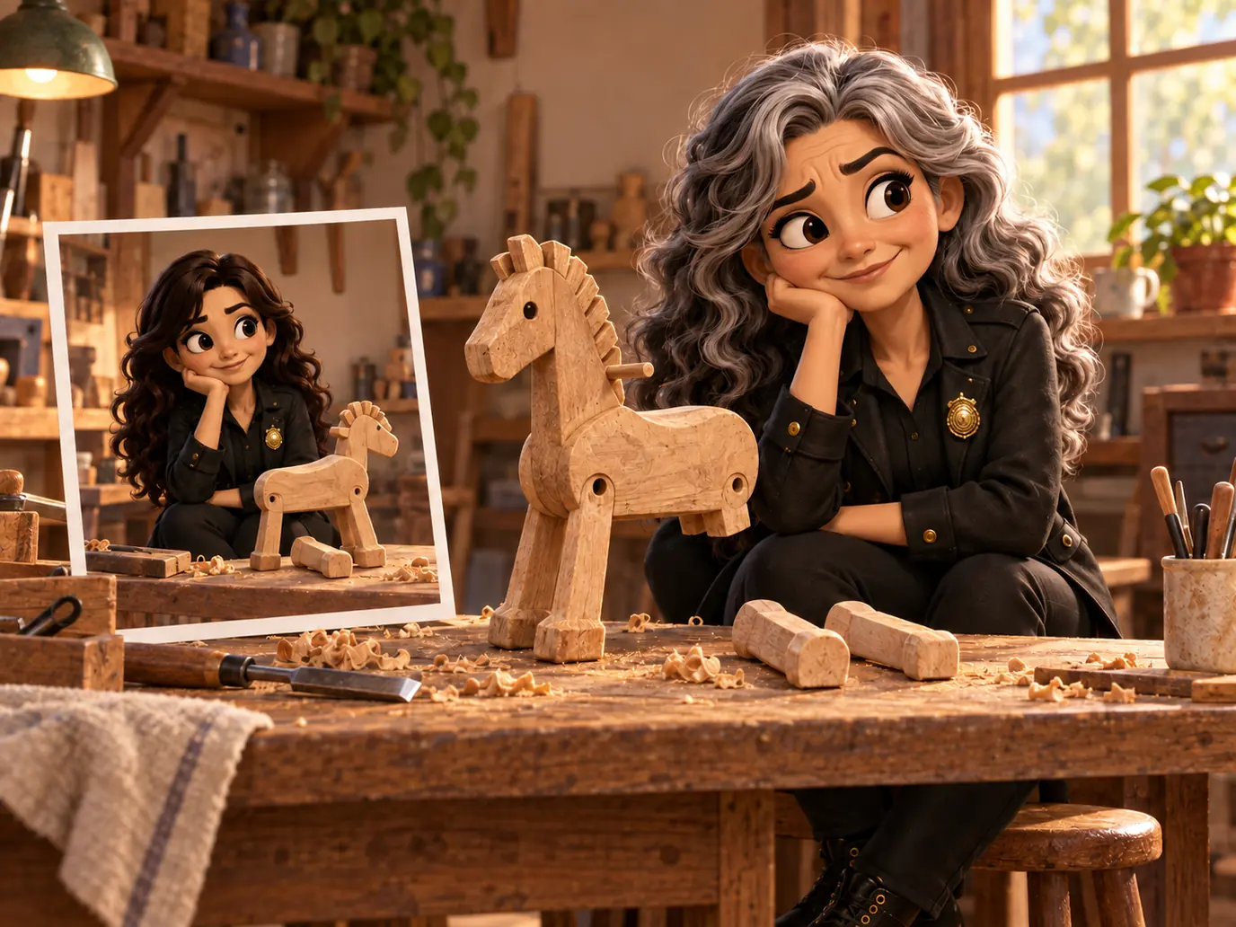 A silver-curled detective rests her chin on her hand beside an unfinished wooden toy horse with two legs attached and the remaining legs on the bench. One large unframed print shows the same detective with younger dark curls, the same black jacket and gold badge, the same pose and the same unfinished horse.
