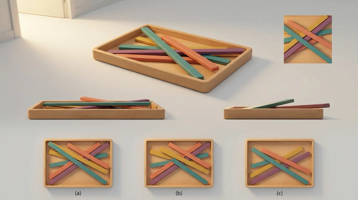 A shallow wooden tray holds five painted slats in different colours, each lying at its own careless angle so ends cross and overlap with no two aligned; the tray simply waits, and nothing has been lifted out or placed anywhere yet.