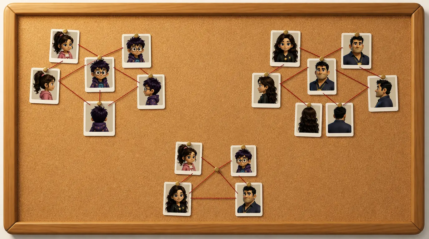 A cork noticeboard on a wooden wall carries three tidy huddles of small pinned photographs. Short runs of red string zigzag between the faces inside each huddle, while wide bare cork separates the huddles and not a single thread crosses the gap between them. Every photo lies face up under warm lamplight.